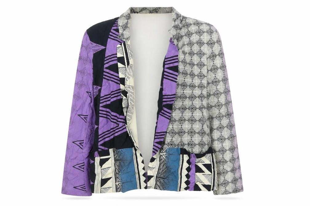 Front view of River Island women’s multicoloured geometric kimono jacket, size UK 12