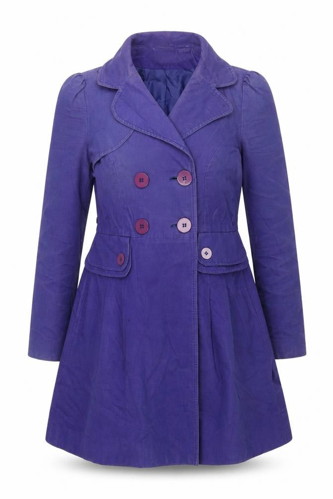 Front view of Oasis women’s purple overcoat coat, size L, button - double breasted