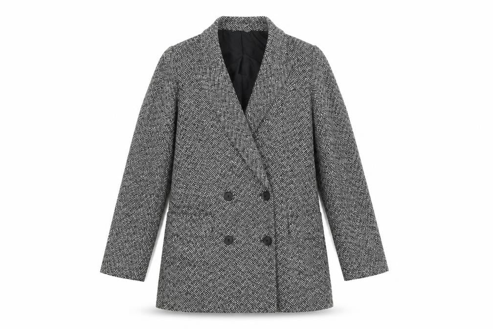 Front view of H&M women’s black herringbone polyester jacket blazer, size UK 8