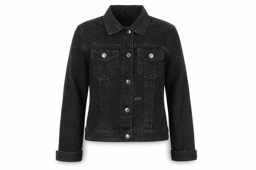 Front view of Denim & Co. women’s black jacket, size UK 10, button - distressed