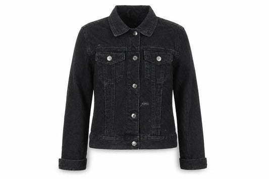 Front view of Denim & Co. women’s black jacket, size UK 10, button - distressed