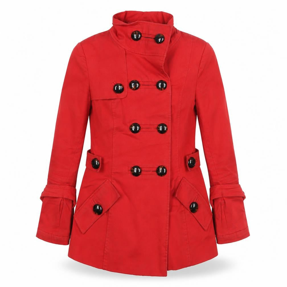 Front view of Zara women’s red trench coat coat, size S, button - double breasted