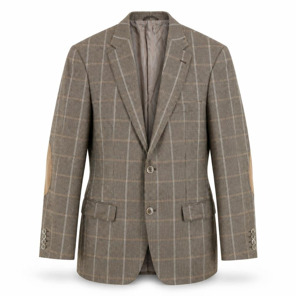 Front view of BARUTTI men’s brown check wool jacket suit jacket, size 44, regular - elbow pads