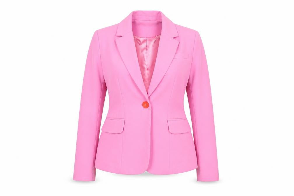 Front view of Amylynn women’s pink jacket blazer, size S, button - vented cuffs