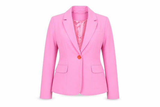 Front view of Amylynn women’s pink jacket blazer, size S, button - vented cuffs