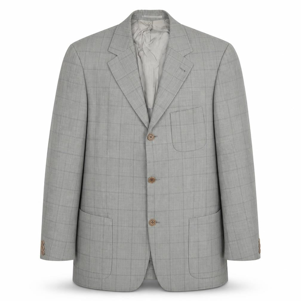 Front view of BOSS men’s grey check wool jacket suit jacket, size 44, regular