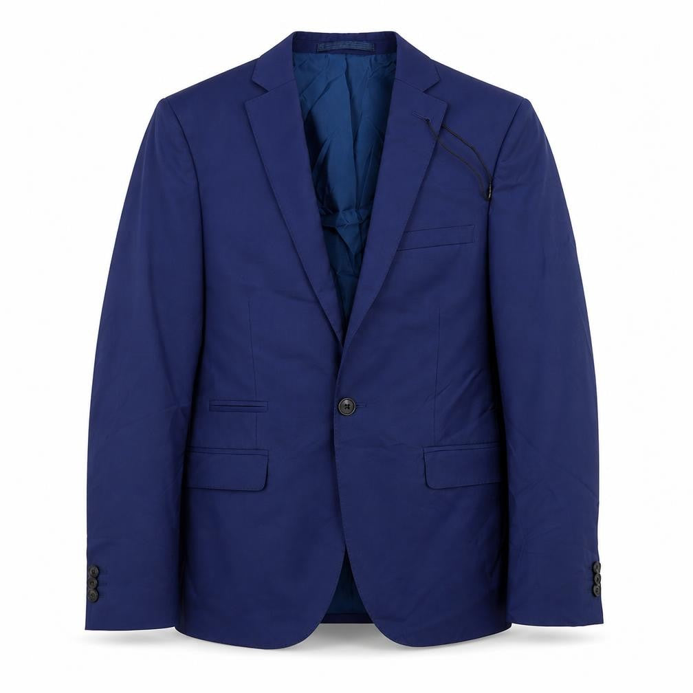 Front view of Marks & Spencer men’s blue polyester jacket suit jacket, size 38, regular