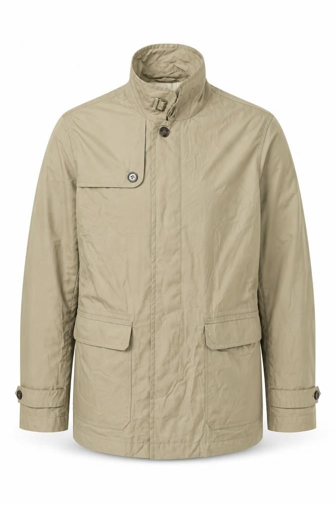 Front view of Marks & Spencer men’s beige jacket, size M, zip - buckle collar