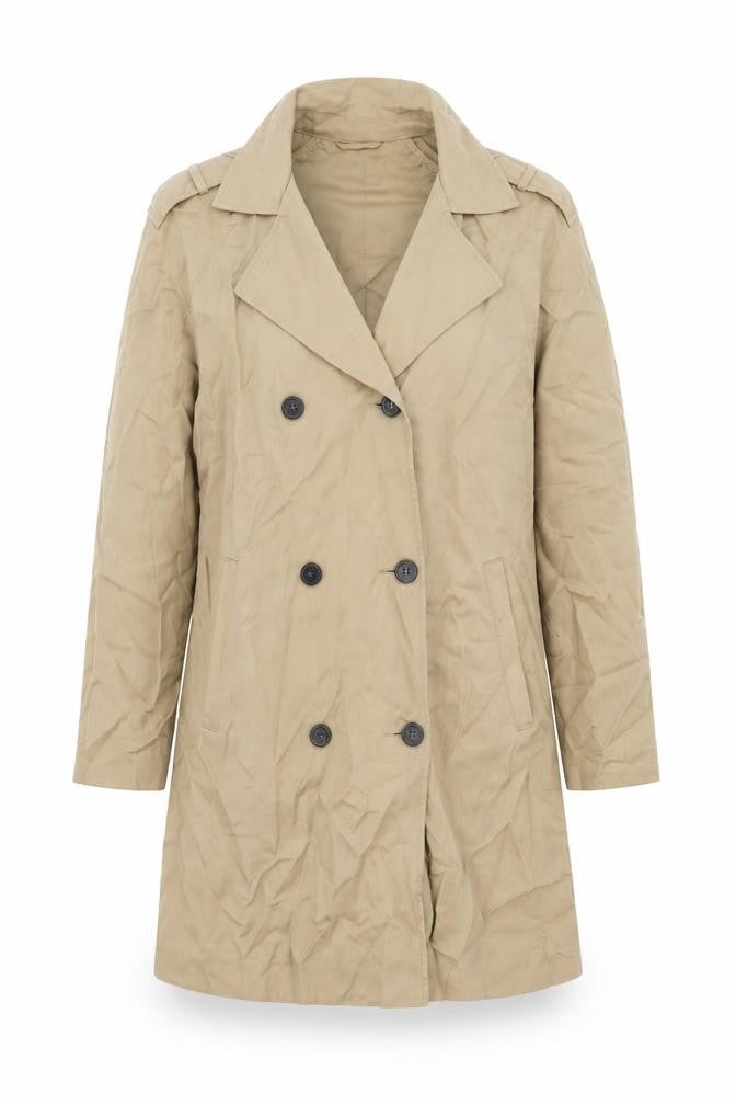 Front view of Topshop women’s beige trench coat coat, size UK 12, button