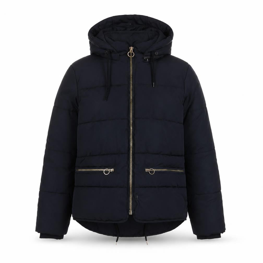 Front view of Topshop women’s blue quilted coat, size UK 6, zip - zip pockets