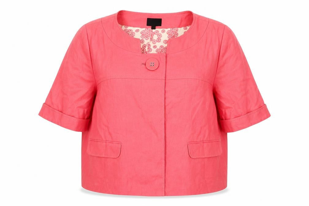 Front view of Next women’s pink jacket, size UK 16, button