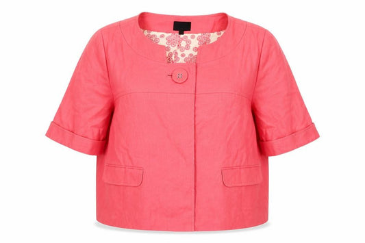Front view of Next women’s pink jacket, size UK 16, button