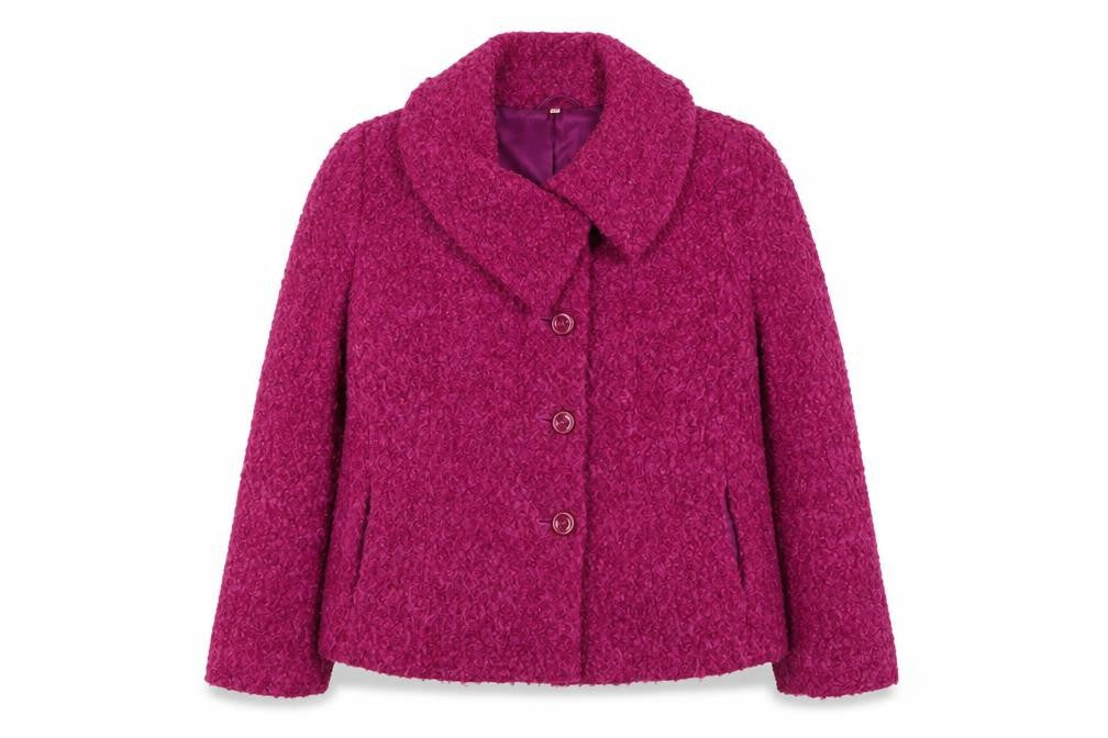 Front view of EWM women’s purple jacket, size UK 14, button