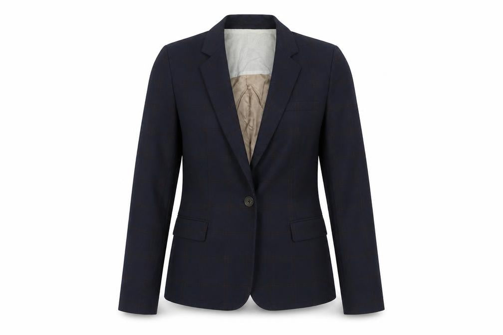Front view of Zara women’s blue plaid jacket blazer, size S, button