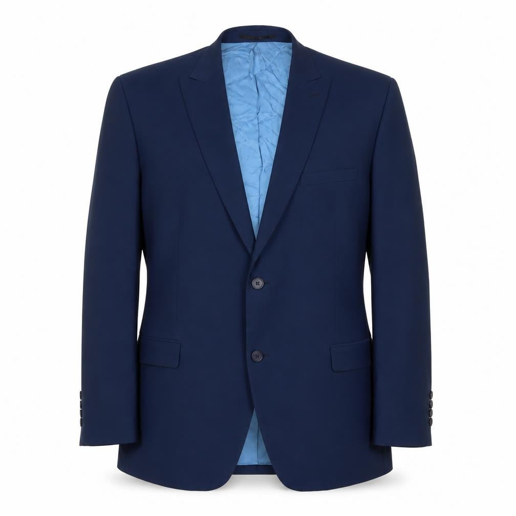 Front view of Saint Hilaire men’s blue polyester jacket suit jacket, size 46, regular