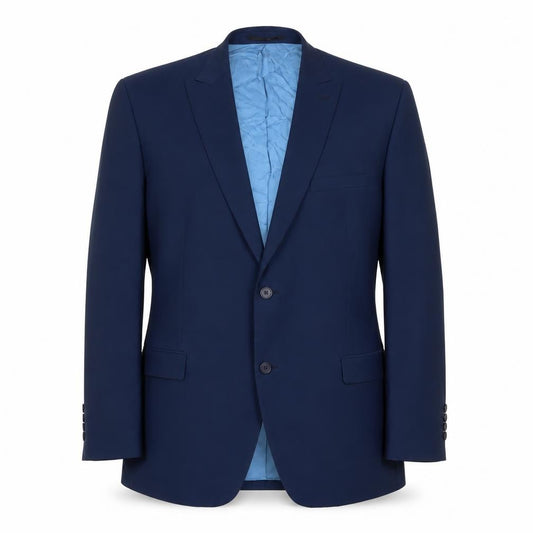 Front view of Saint Hilaire men’s blue polyester jacket suit jacket, size 46, regular