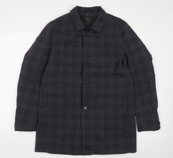 Marks and Spencer Mens Grey Plaid Jacket Coat Size M Button - Pockets