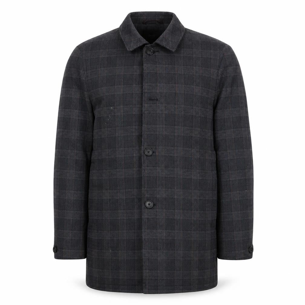 Front view of Marks & Spencer men’s grey plaid jacket coat, size M, button - pockets
