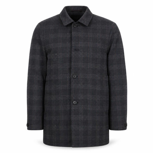 Front view of Marks & Spencer men’s grey plaid jacket coat, size M, button - pockets