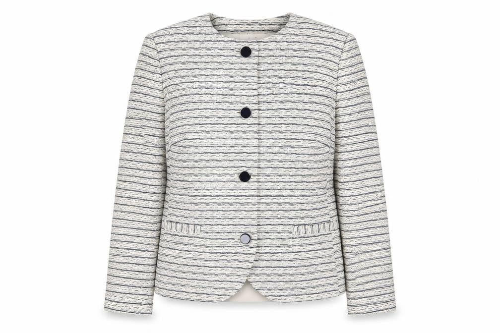 Front view of Classics women’s blue geometric jacket, size UK 18, button