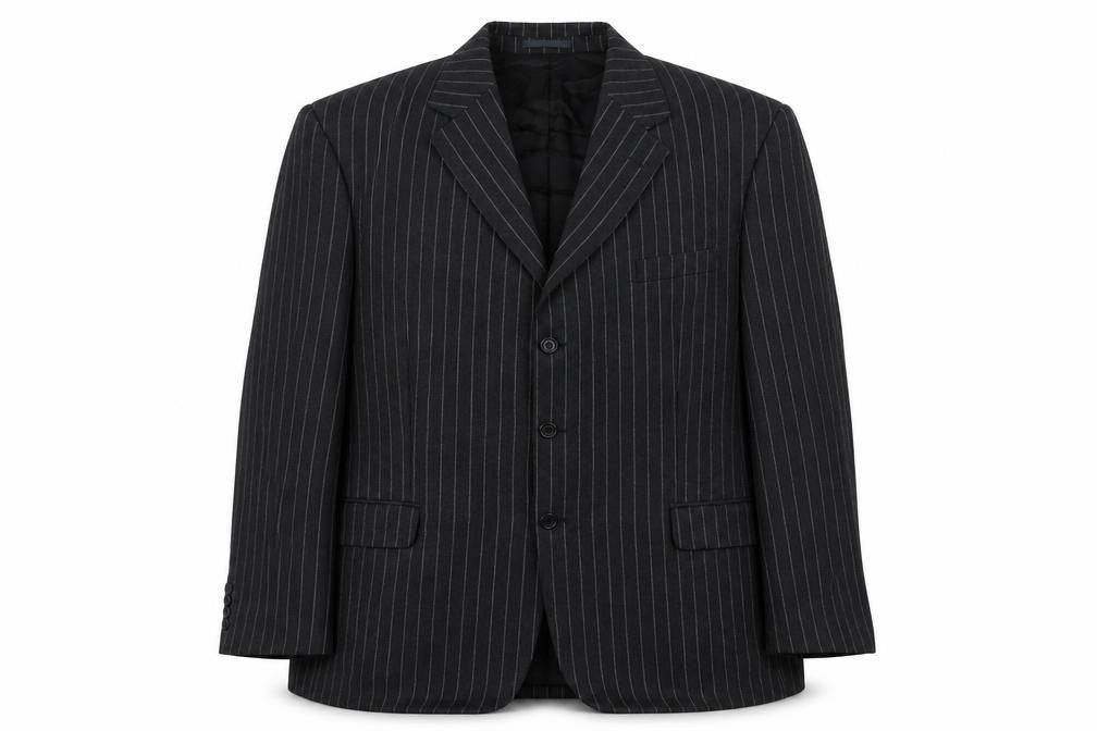 Front view of Torre men’s grey striped wool jacket suit jacket, size 46, regular