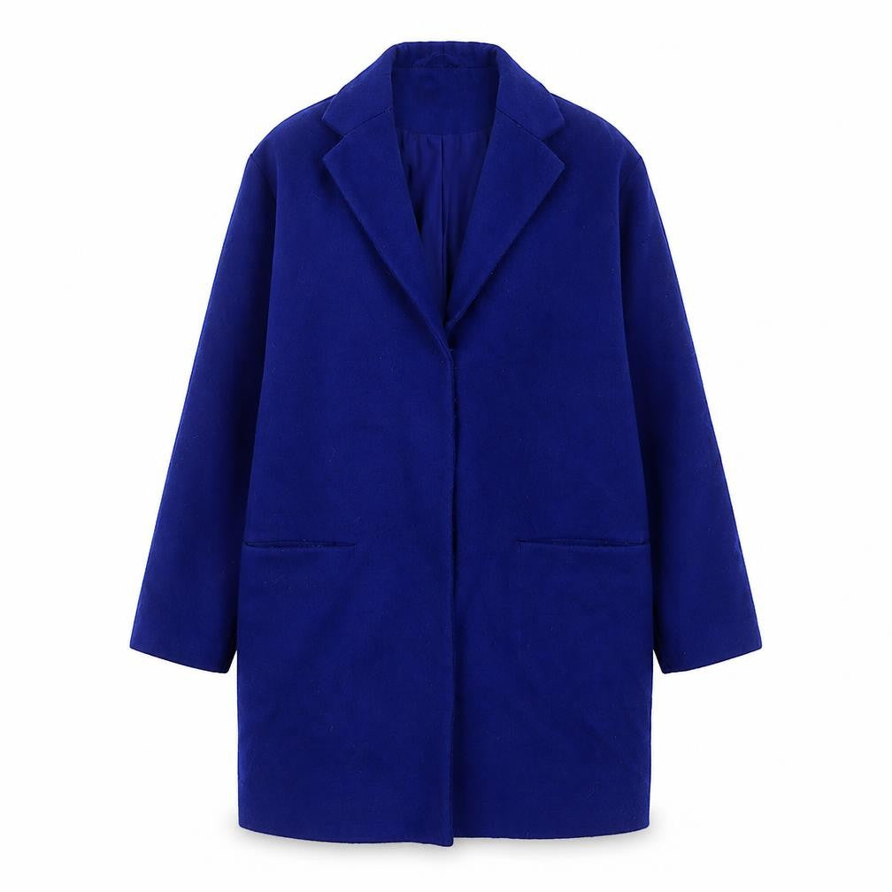 Front view of Topshop women’s blue overcoat coat, size UK 10, snap