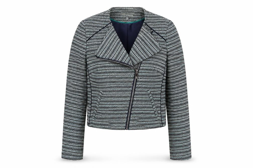 Front view of Marks & Spencer women’s grey geometric jacket, size UK 14, zip