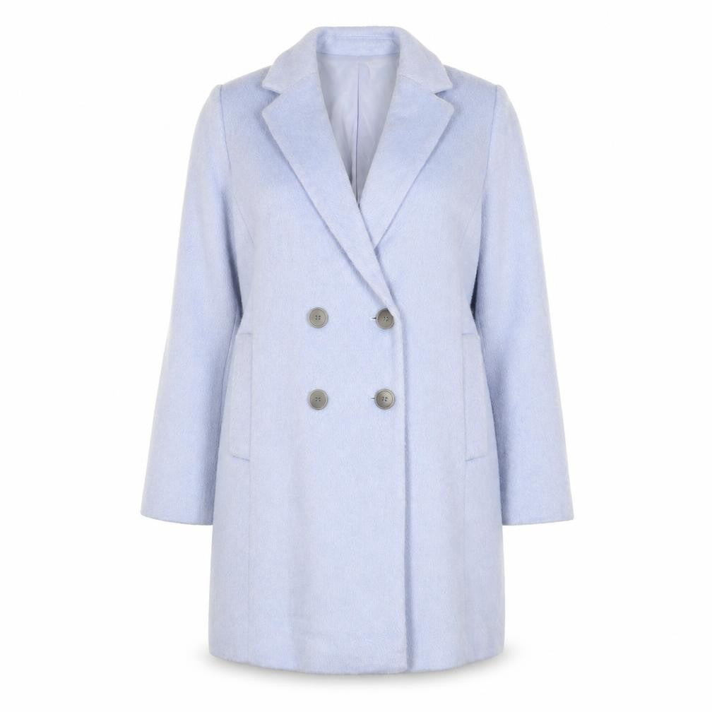 Front view of Ann Taylor women’s blue overcoat coat, size S, button