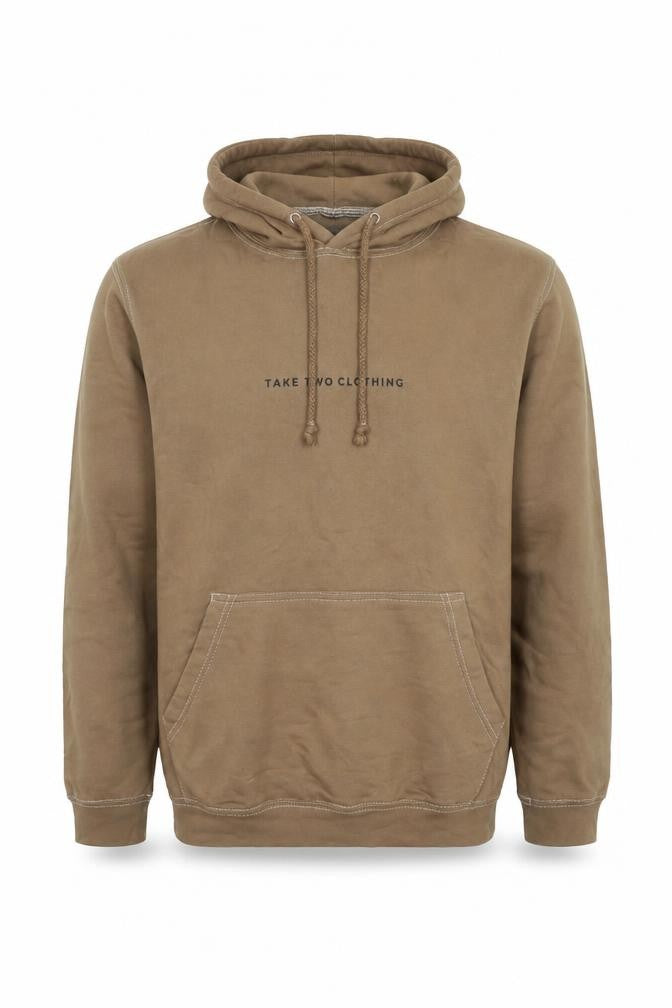 Front view of Take Two Clothing men’s brown polyester pullover hoodie, size S, - logo