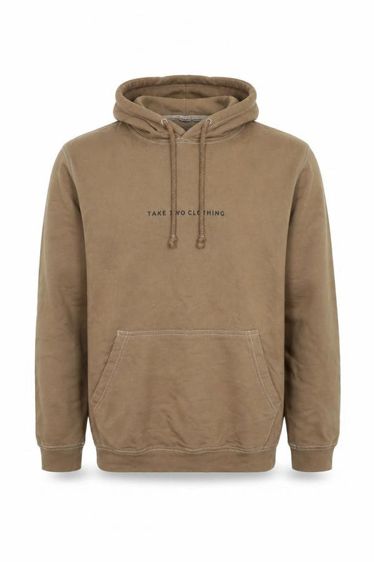 Front view of Take Two Clothing men’s brown polyester pullover hoodie, size S, - logo