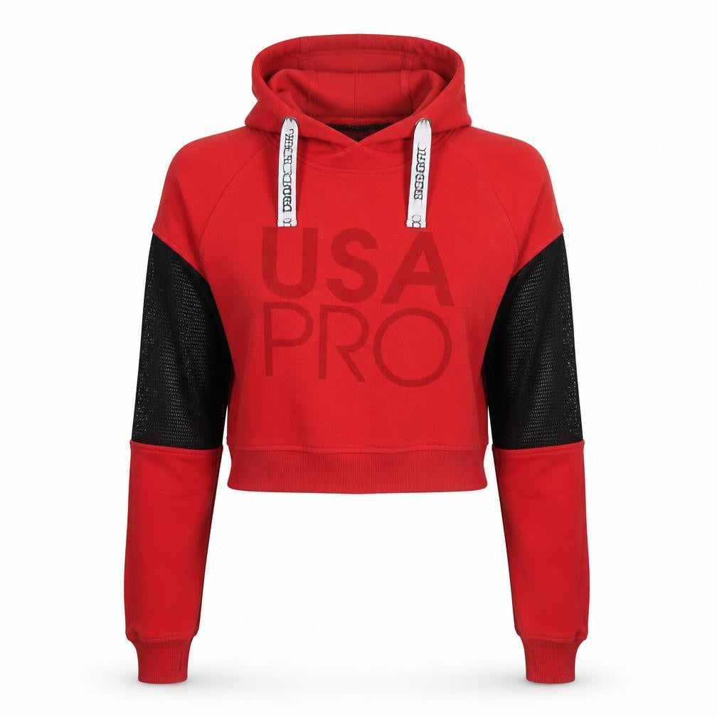 Front view of USA Pro women’s red cotton pullover hoodie, size UK 10, pullover - logo