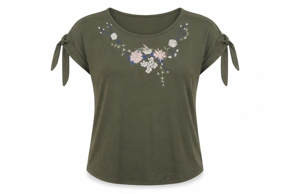 Front view of M&Co women’s green modal basic t-shirt, size UK 14, round neck - flowers