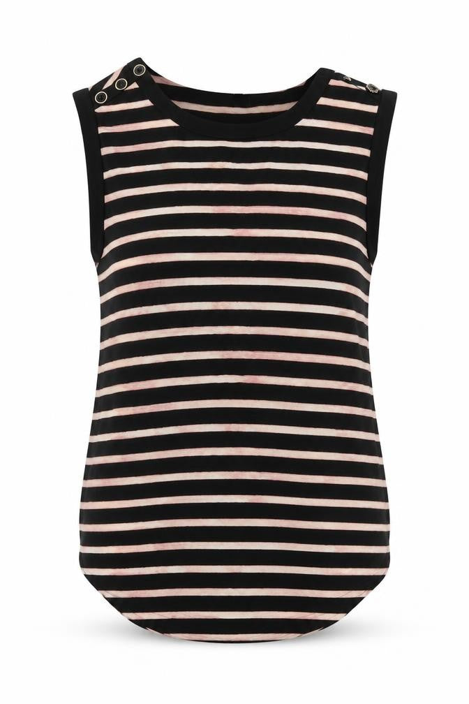 Front view of Next women’s black striped polyester basic tank, size UK 6, round neck