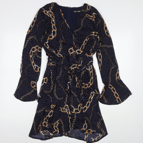 In the Style Womens Blue Polka Dot Polyester A-Line Size 10 V-Neck Zip - Chain Detail