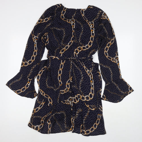 In the Style Womens Blue Polka Dot Polyester A-Line Size 10 V-Neck Zip - Chain Detail