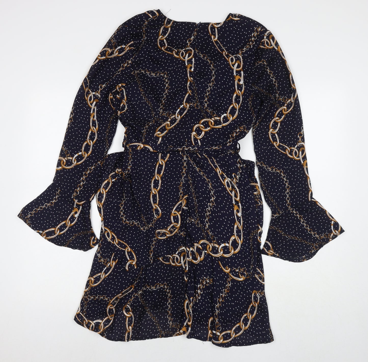 In the Style Womens Blue Polka Dot Polyester A-Line Size 10 V-Neck Zip - Chain Detail