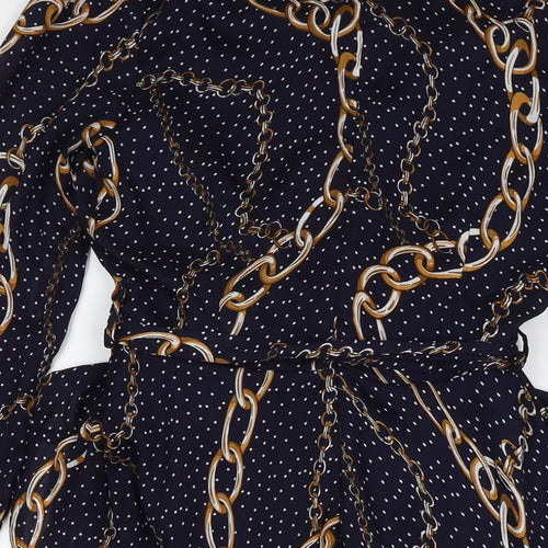 In the Style Womens Blue Polka Dot Polyester A-Line Size 10 V-Neck Zip - Chain Detail