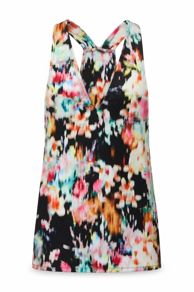 Front view of Bershka women’s multicoloured floral polyester basic tank, size XS, round neck