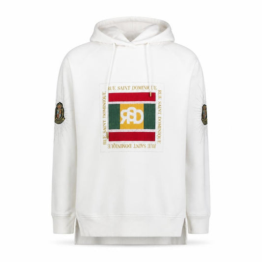 Front view of River Island men’s white cotton pullover hoodie, size XS, - embellishment detail logo