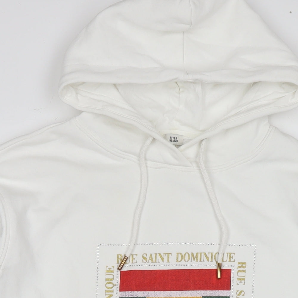 River Island Mens White Cotton Pullover Hoodie Size XS - Embellishment Detail Logo