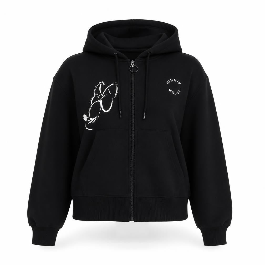 Front view of Disney women’s black polyester pullover hoodie, size S, zip - minnie mouse