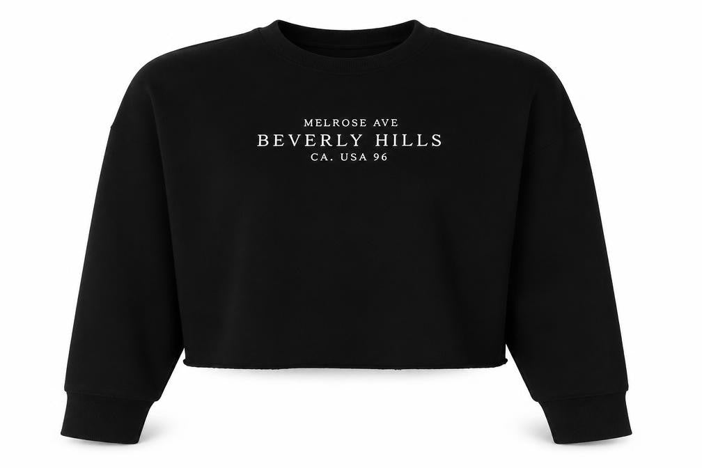 Front view of Boohoo women’s black cotton pullover sweatshirt, size M, pullover - beverly hills cropped
