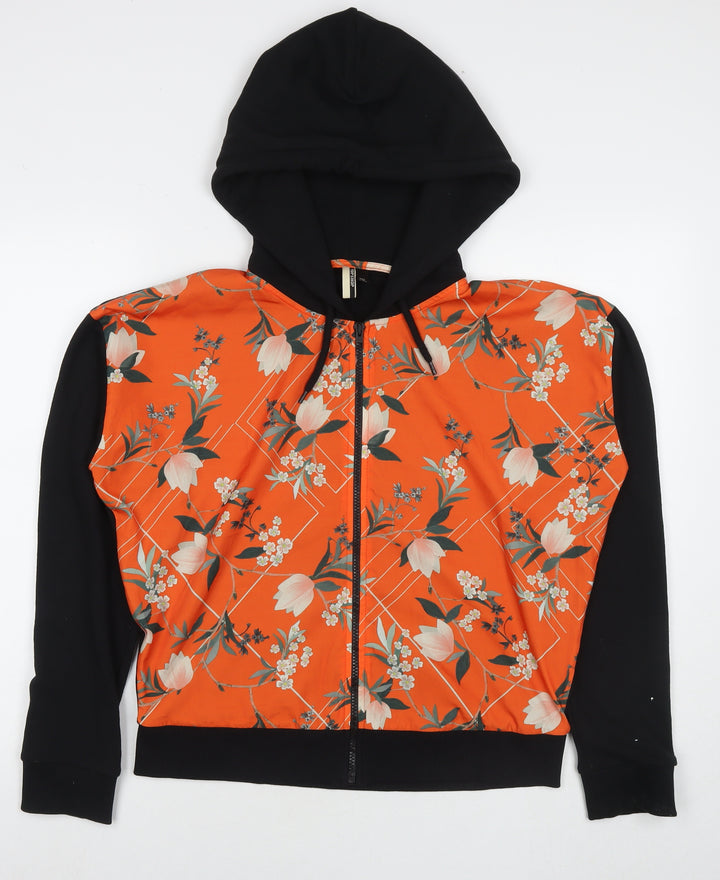 Topshop Womens Black Floral Polyester Full Zip Hoodie Size 8 Zip