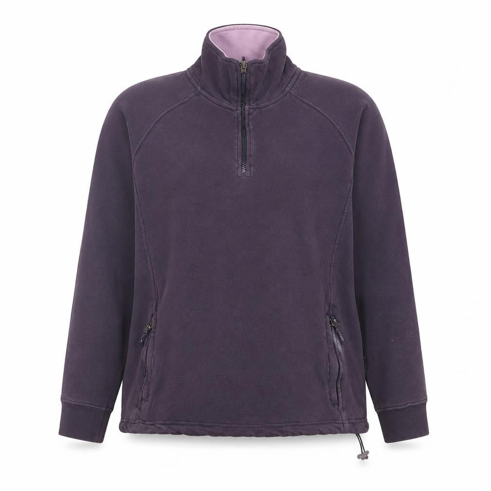 Front view of Cane women’s purple cotton pullover sweatshirt, size M, pullover