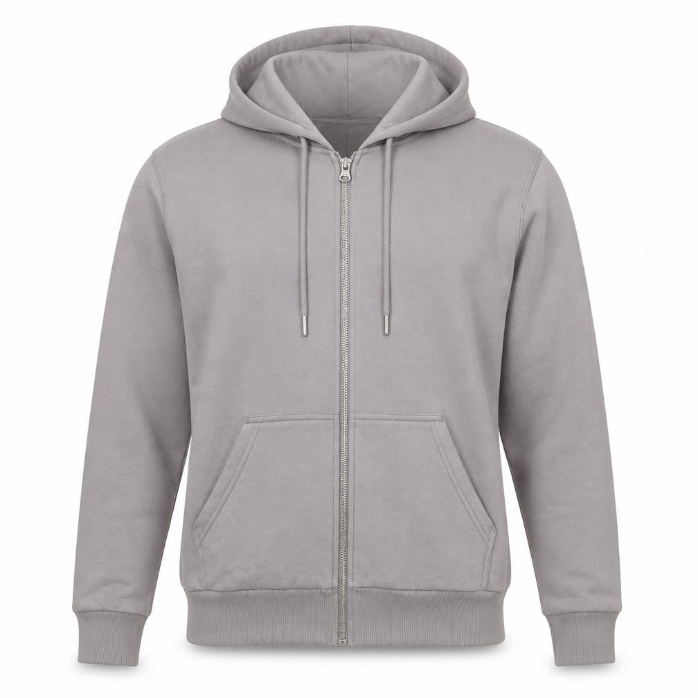 Front view of H&M men’s beige cotton full zip hoodie, size S