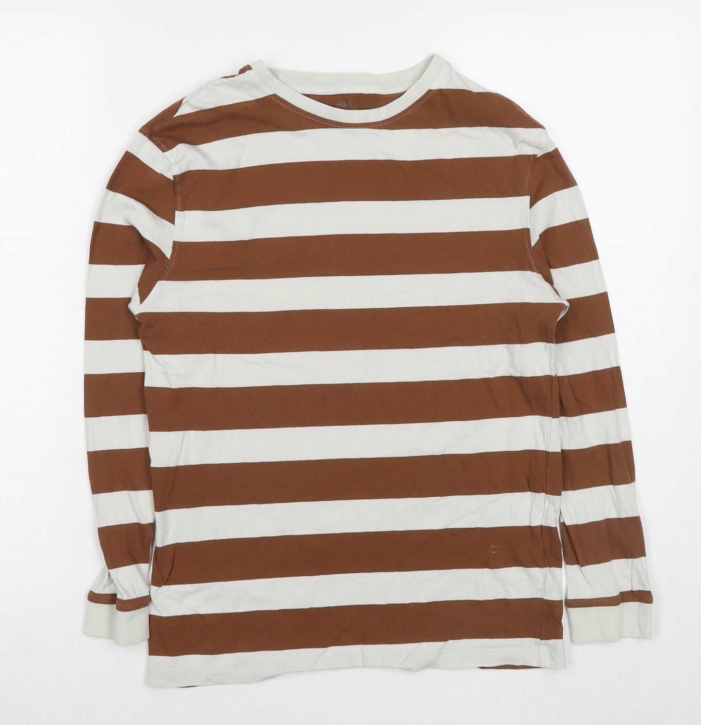 Marks and Spencer Boys Brown Striped Cotton Basic T-Shirt Size 12-13 Years Round Neck Pullover