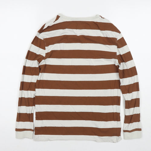 Marks and Spencer Boys Brown Striped Cotton Basic T-Shirt Size 12-13 Years Round Neck Pullover