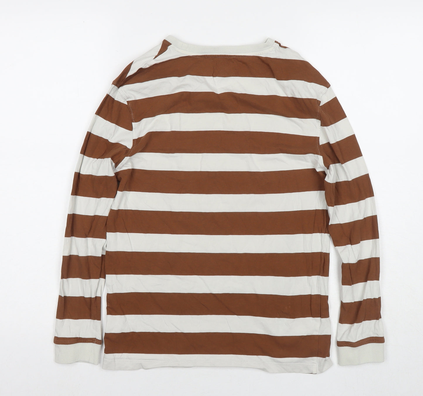 Marks and Spencer Boys Brown Striped Cotton Basic T-Shirt Size 12-13 Years Round Neck Pullover