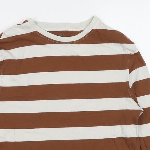 Marks and Spencer Boys Brown Striped Cotton Basic T-Shirt Size 12-13 Years Round Neck Pullover