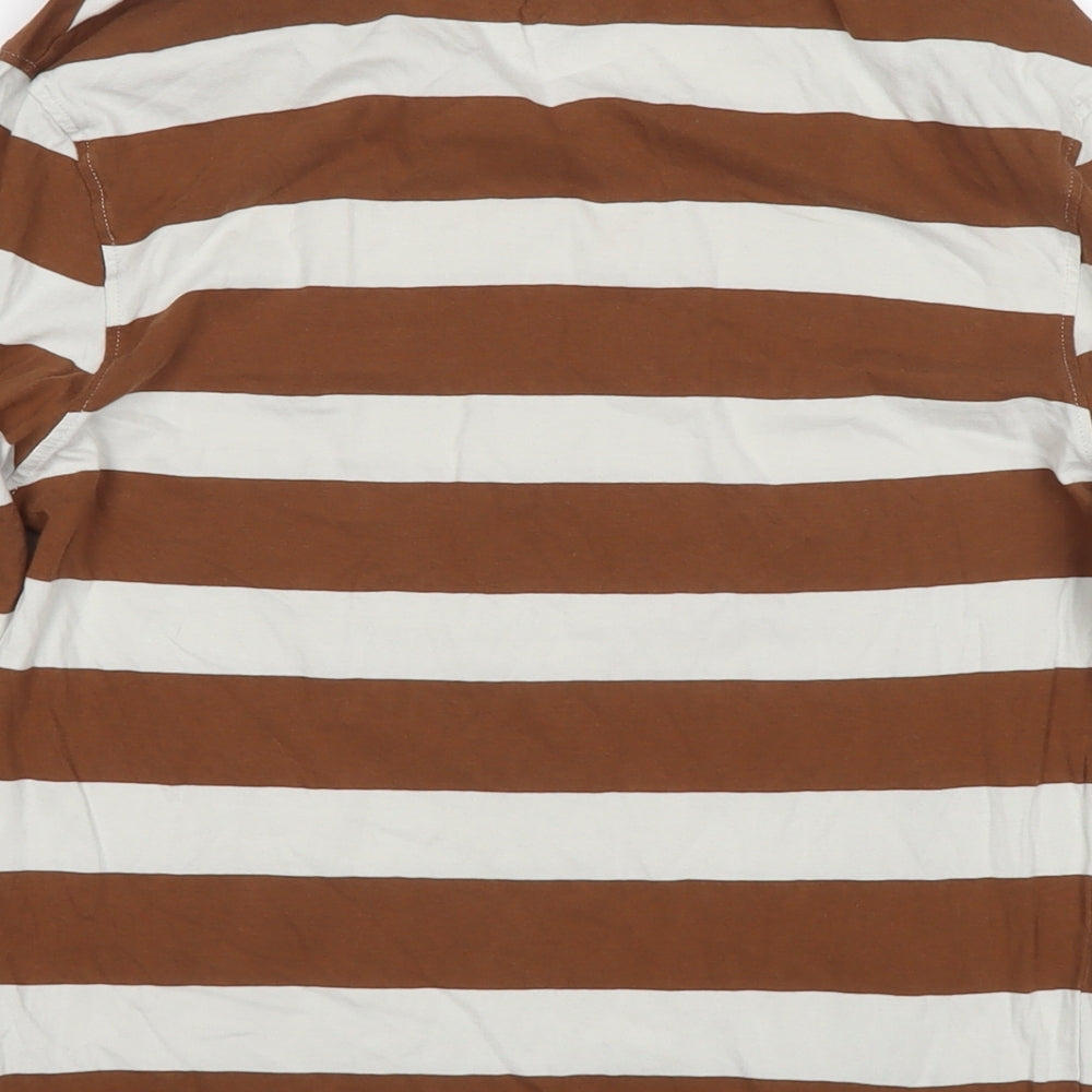 Marks and Spencer Boys Brown Striped Cotton Basic T-Shirt Size 12-13 Years Round Neck Pullover